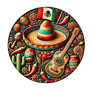 Mexican Cultural Symbols Composition Vintage Rustic Aluminum Metal Round Wall Sign, 8-inch Indoor Outdoor Gifts And Decor for Home, Office, Cafe & Yard Farm