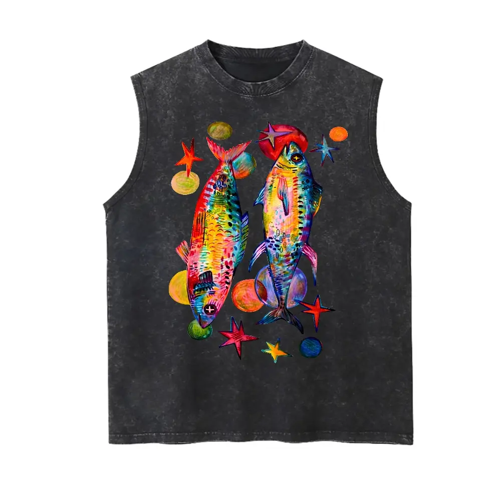 Men's Classic Soft Drape Fabric Sleeveless Tank Top - Retro 90s DTG Soft Print Watercolor Colorful Fish Retro Artwork, Loose Cotton Streetwear Vacation Vest, Distressed, Multi-Size Including 5xl
