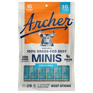Archer Original Beef Minis - 16ct, 100% Grass-Fed, Zero Sugar, Gluten-Free, Paleo, 4g Protein, Savory Snack - Meat, Beef Jerky Sticks