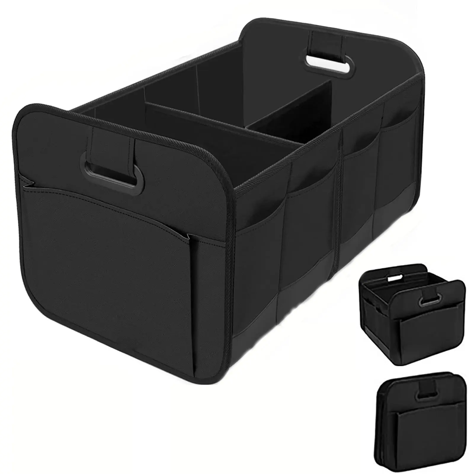 Black Car Trunk Organizer Waterproof Oxford Car Trunk Organizer Foldable Multi Compartment Cargo Storage Bin, Heavy Duty Reinforced Handles Removable Dividers Side Pocket Design, Collapsible Auto Storage Caddy Fit Car SUV Minivan Truck