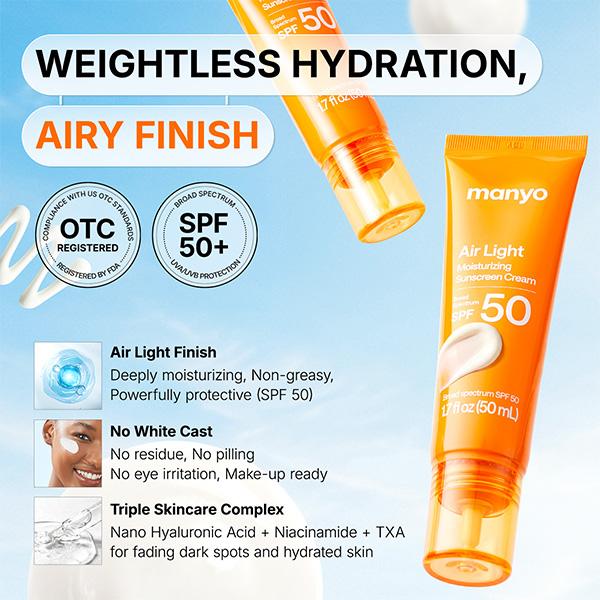 [manyo] Airlight Moisturizing Sunscreen - Lightweight Hydrating Korean Sunscreen, No White Cast Daily Sun Shield, Skin Repair Makeup Prep Moisture Hydrate