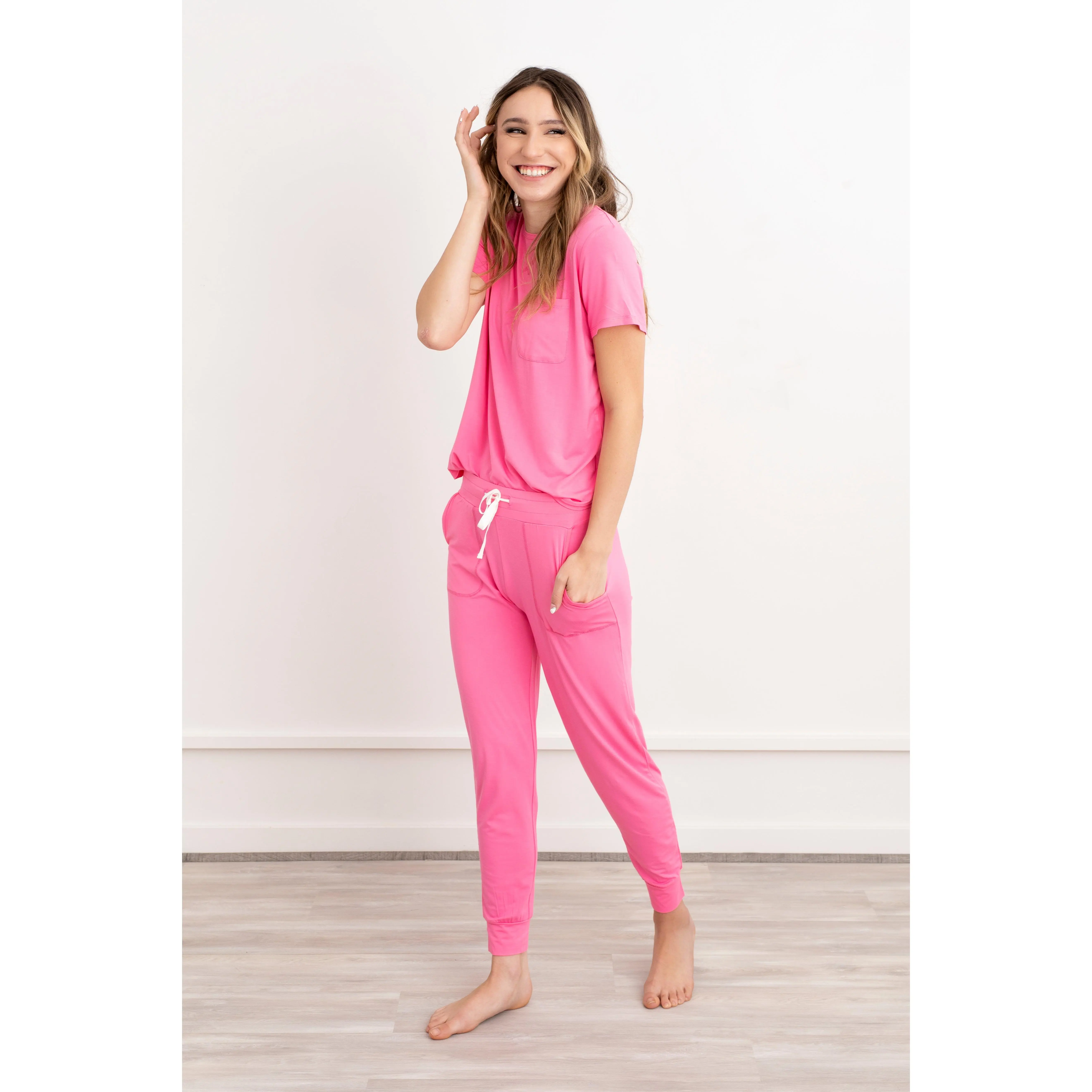Bamboo Women Pajama Set – Pink Short Sleeve Jogger Set