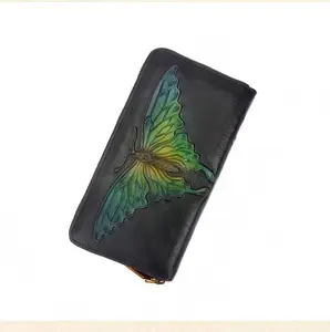 Genuine Leather Women's Butterfly-Embossossed Wallet Clutch Purse with Detachable Wrist Strap - Golden-Tone Butterfly Pattern, Zipper Closure, Multi-Card Slots & Cash Pocket - Top-Grain Leather Handbag (Brown/Green/Black/Blue) for Credit