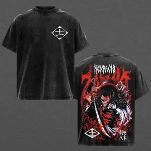 Bleach Kenpachi Zaraki T-Shirt, Soul Reaper Captain Graphic Tee, Zaraki Kenpachi Anime Shirt, Gotei 13 Manga Back Print, Vintage Washed Streetwear T Shirt, 90s Vintage Anime Merch, Soft Cotton Unisex Fan Gift T-Shirt