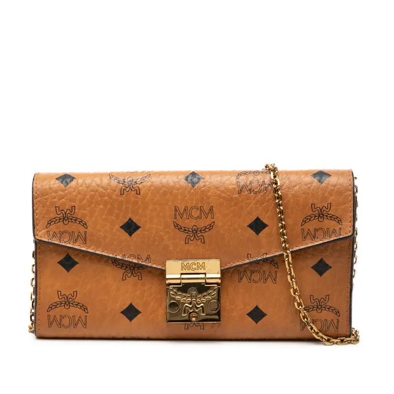 Pre-owned MCM Vegan Leather Small Leather Goods Visetos Tracy PVC Chain Crossbody Wallet