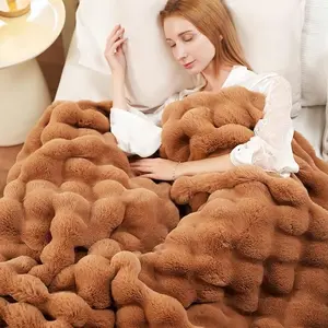 Ultra Soft Luxury Fluffy Faux Rabbit Fur Throw Blanket, Thick Warm Bubble Throw for Bed, Cozy Plush Reversible Blankets for Couch, Chair, Sofa, Natural Tan, 60x80 Inches