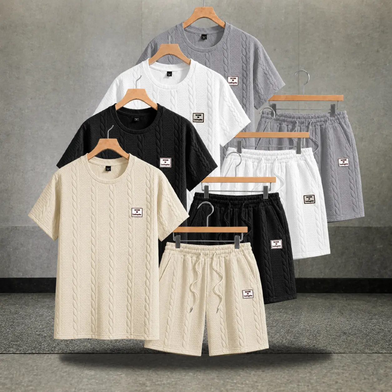 Men’s set featuring a solid textured paneled T shirt and drawstring waist shorts — regular fit, casual, crew neck, short sleeves, shorts with pockets; summer men’s clothing, menswear.