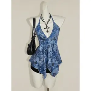 Women's Bohemian floral blue summer vest, butterfly print off shoulder vacation shirt, fashionable summer fashion, elegant sleeveless vestRAIMENTRY