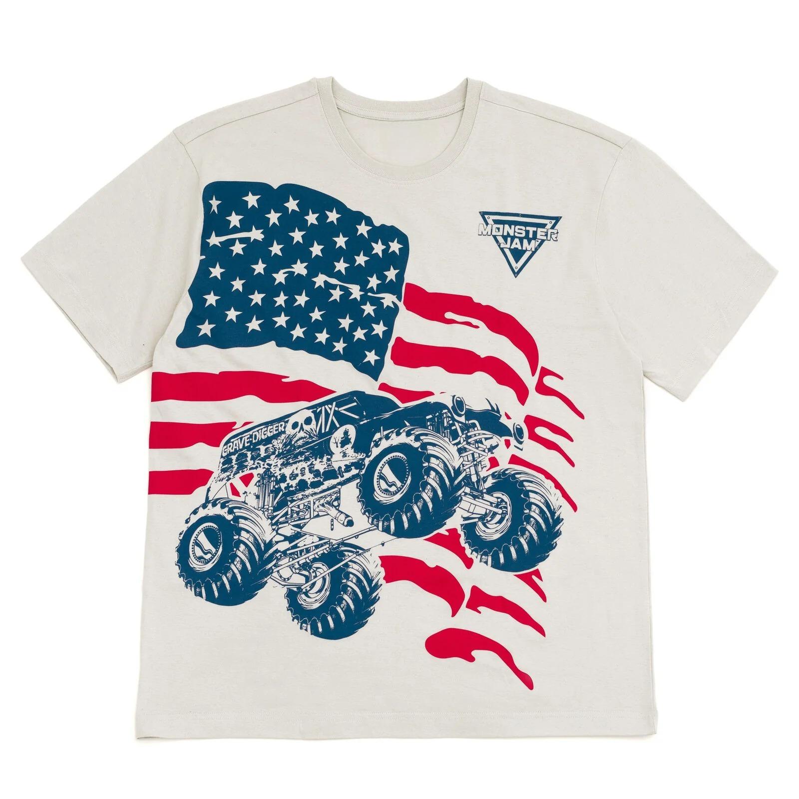 Youth & Adult Monster Truck Graphic T-Shirt, American Flag Off-Road Racing Truck Tee, USA Style Big Tire Action Shirt