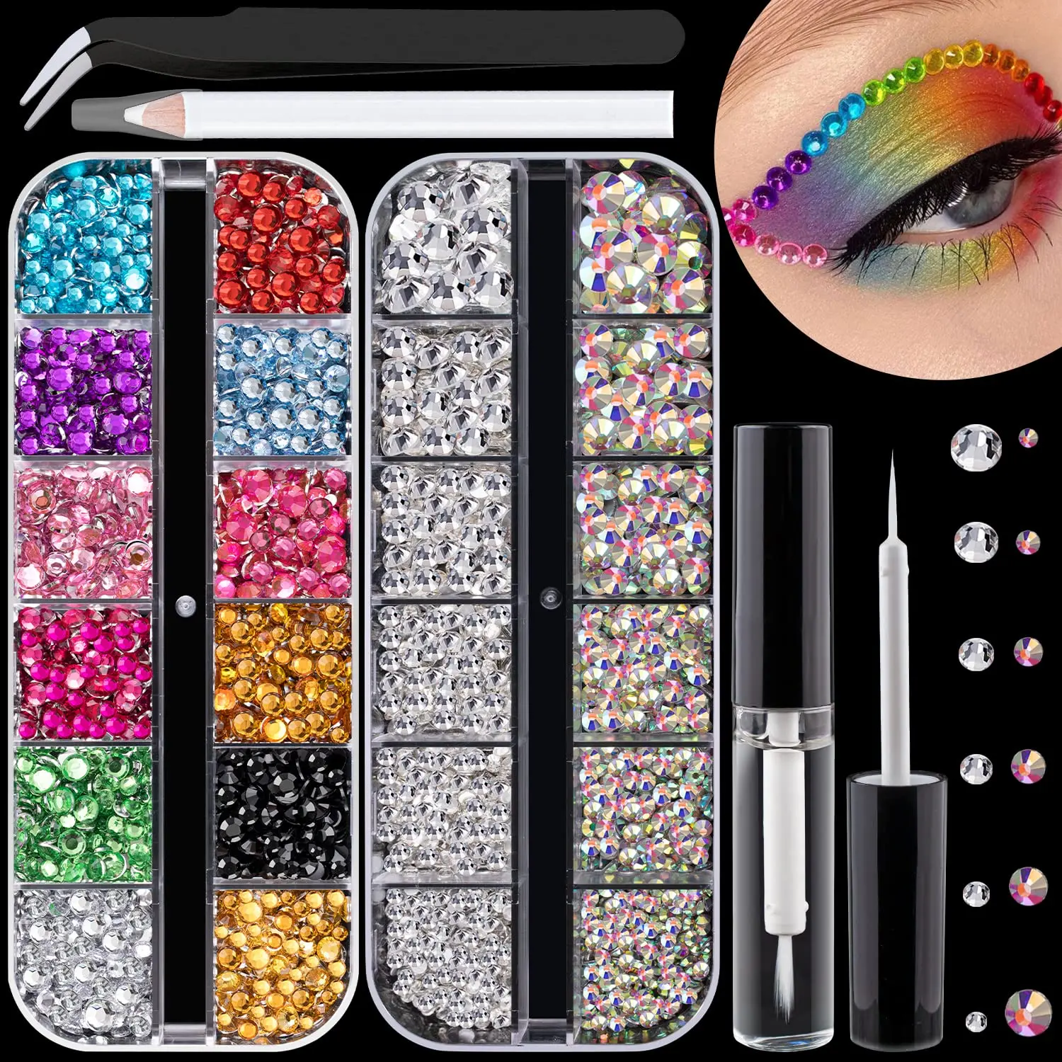 Rhinestone Kits Colorful Rhinestones+Crystal AB&Transparent White Face Gems with Quick Dry Makeup Glue+Picker Pencil+Tweezer for Face Makeup...