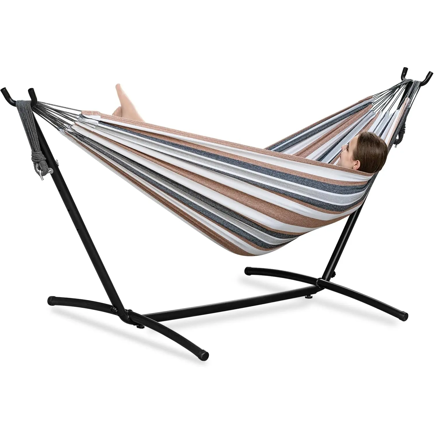 Double Hammock with Stand for Outside, Portable Space Saving Heavy Duty Steel Frame for Indoor Outdoor Patio Yard, Easy Assembly 2 Person Hammock with 450 lb Capacity, Durable Relaxing Hammock Set Coffee Color