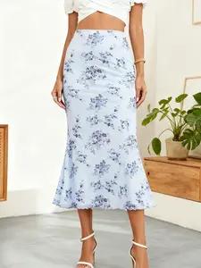 Women's Light Blue Floral Mesh Skirt, High Waist Double Layer Design & Mermaid Hem, Elegant Chic Flower Pattern, Perfect for Daily Wear, Dates, Spring Summer