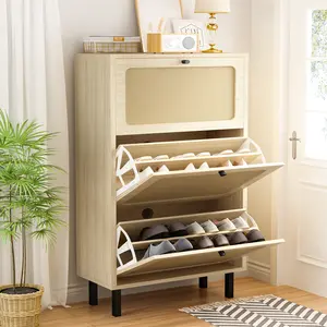 AWQM Shoe Cabinet-Free Standing Organizer with 3Rattan Flip Drawers,Slim Hidden Storage for Entryway or Hallway,Holds 18Pairs of Shoes,Heels,Boots
