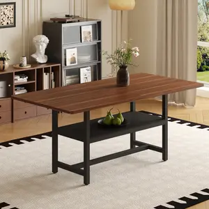 71 * 35.4 inch dining table with a tabletop cleverly pieced together by four walnut textured MDF boards. The desktop has a 43.3 * 19.7 storage platform. Very suitable for family gatherings
