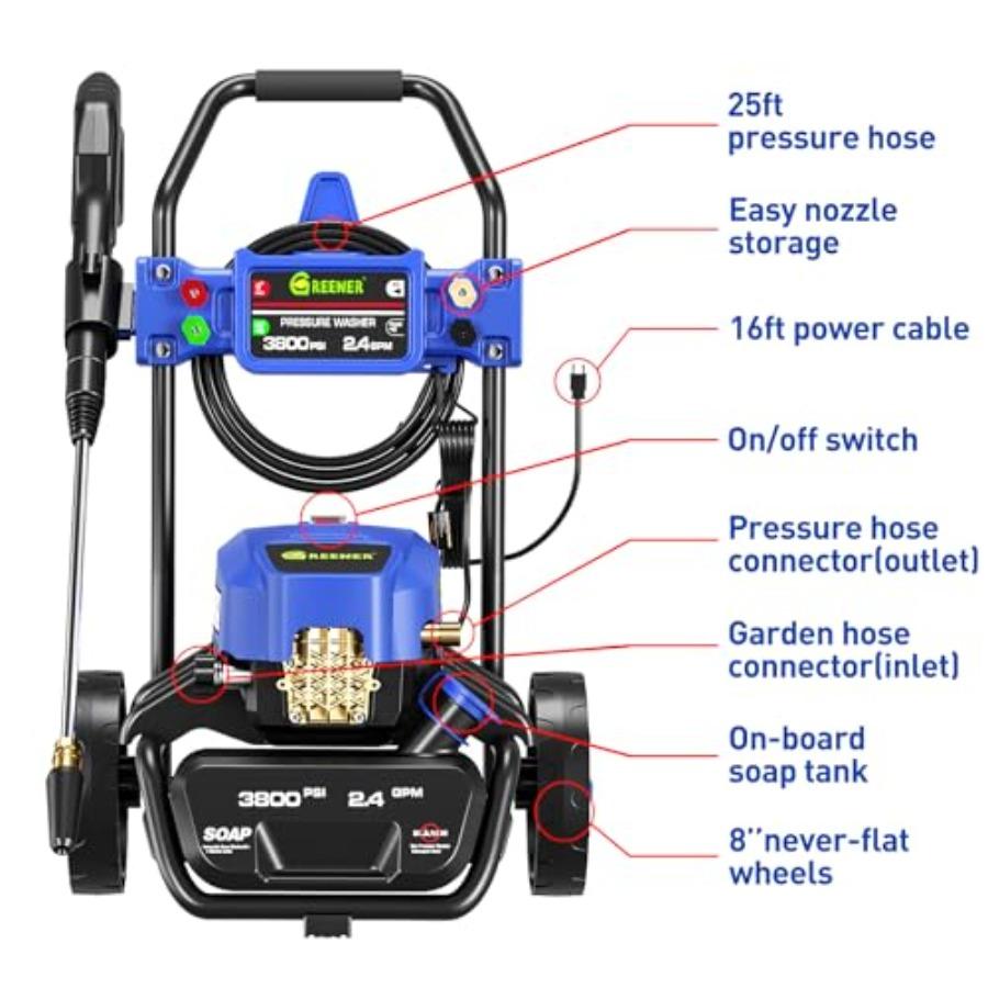 Electric Pressure Washer Onboard Soap Tank Spray Gun and Wand 5 Nozzle Set for Cars/Fences/Driveways/Homes/Patios/Furni