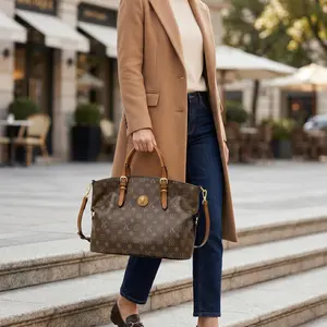 Classic Monogram Print Tote Bag for Women, Vintage Large Capacity Shoulder Purse, Retro Top Handle Work Handbag