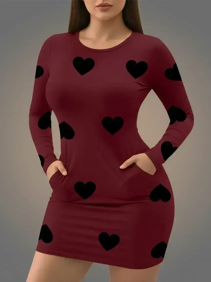 Women's Heart Pattern Long Sleeve Dress, Casual Round Neck Short Summer  Dress, Tight-Fitting Thin Fabric, All Seasons Fashion, Casual Chic Outfit -  TikTok Shop