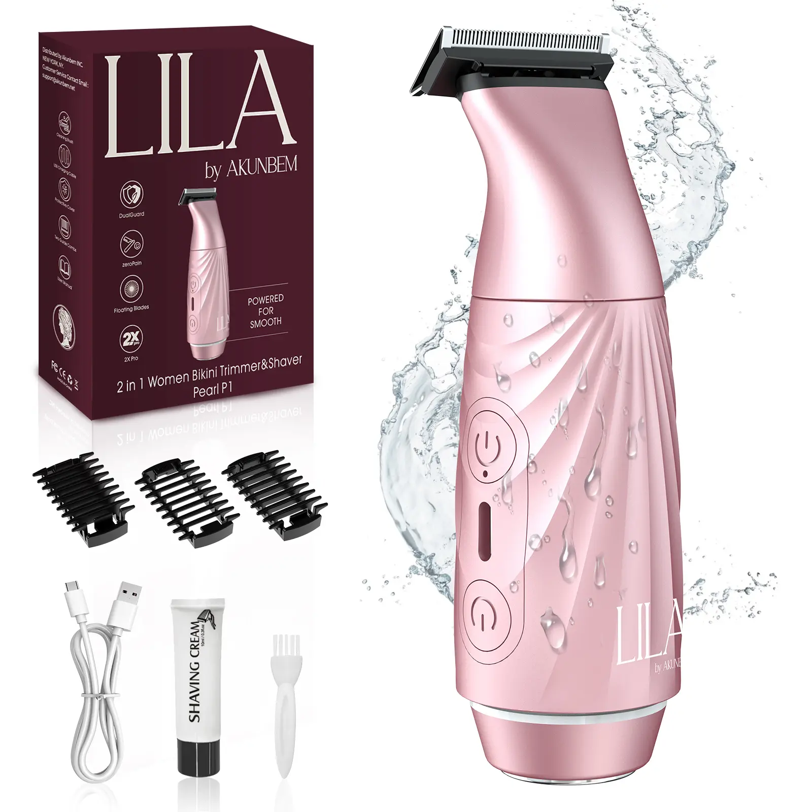 AKUNBEM Bikini Trimmer for Women, Rechargeable Dual Head Electric Razor, 2-in-1 Painless Shaver for Face, Bikini, Arms & Legs, Waterproof Grooming Kit