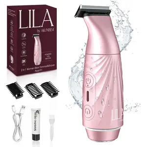 AKUNBEM Bikini Trimmer for Women, Rechargeable Dual Head Electric Razor, 2-in-1 Painless Shaver for Face, Bikini, Arms & Legs, Waterproof Grooming Kit