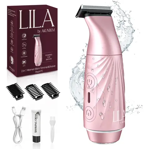 AKUNBEM Bikini Trimmer for Women, Rechargeable Dual Head Electric Razor, 2-in-1 Painless Shaver for Face, Bikini, Arms & Legs, Waterproof Grooming Kit