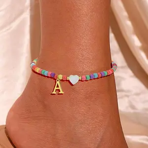 Tewiky 14K Gold Plated Mother of Pearl Heart Initial Anklet with Colorful Seed Beads, Summer Beach Letter Ankle Bracelet