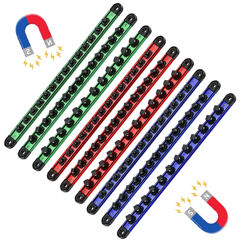【T-M】Magnetic Socket Organizer 9-Piece for 1/4, 3/8, 1/2 Sockets Red/Blue/Green | Detachable Magnetic Socket Holder, Tool Tray, 120-Slot, Aluminum, For Toolbox Drawer, Garage & Mechanics