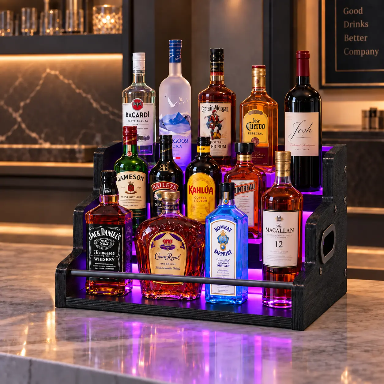 FXACYEM 3-Tier LED Lighted Wooden Liquor Bottle Display Rack, Home Bar Decor & Bar Decor, Christmas Decor, Countertop Wine Bottle Storage Stand with Bottle Opener Holder, Gifts for Men for Kitchen & Bar Cabinet