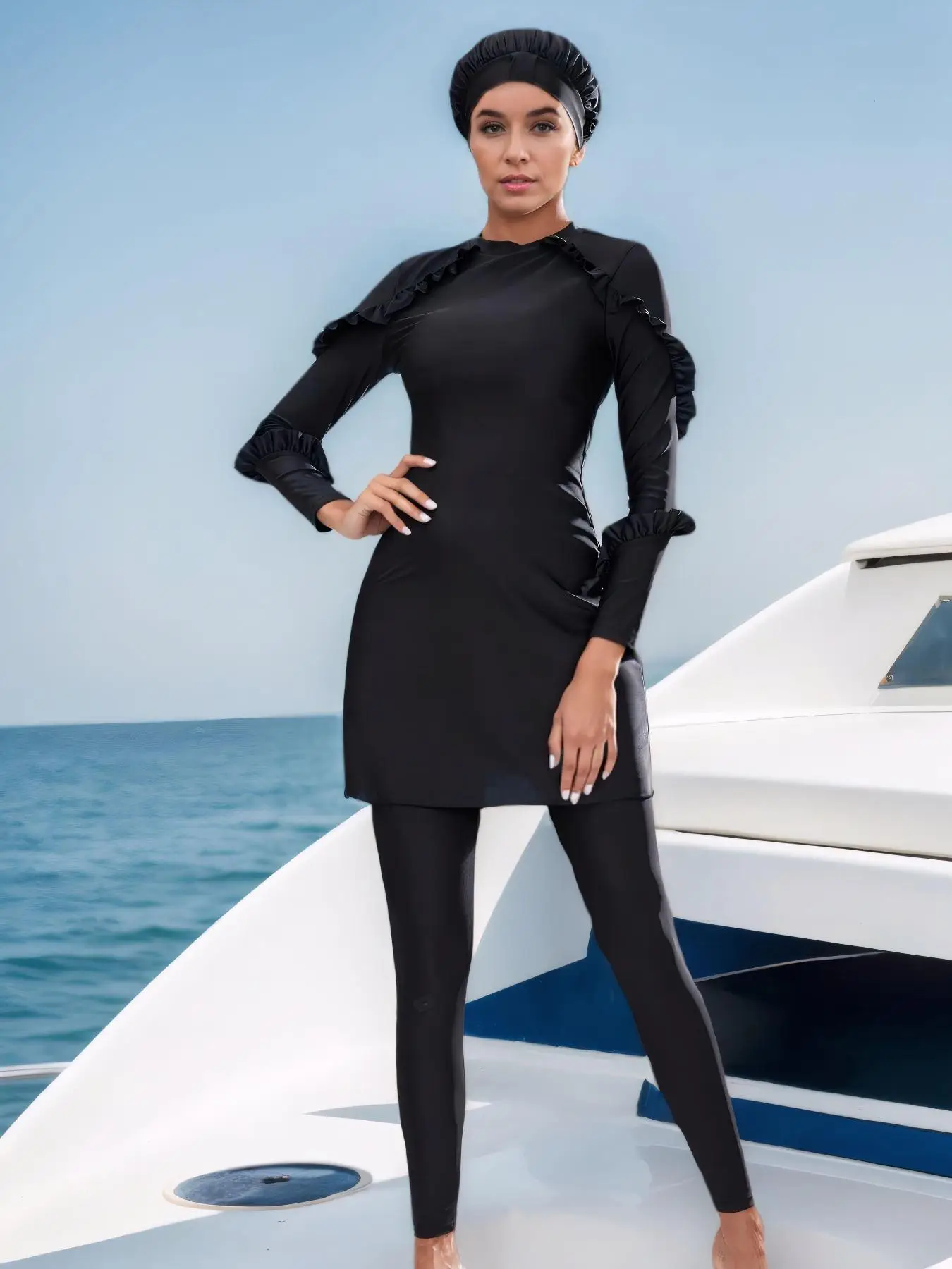 Women's Solid Long Sleeve Top & Cap & Pants Set, Casual Fashion Swimwear Set for Beach Holiday Vacation, Ladies Swimsuit for All Seasons