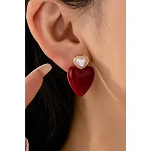 Pearls & Hearts Double Pearl Drop Costume Earrings - Gold Tone with Red Accent for Women