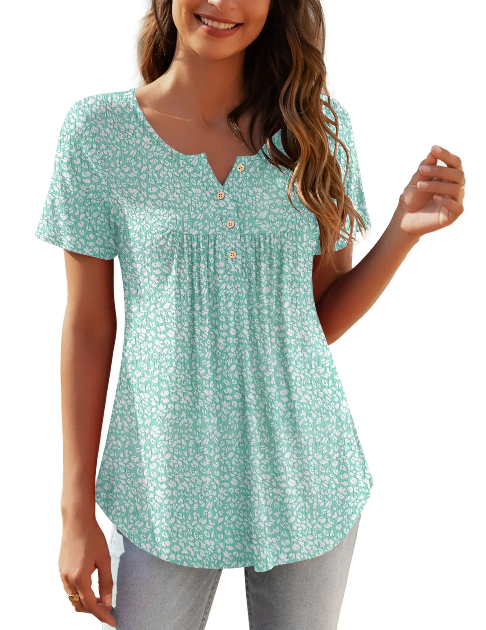 ZEAGOO Women's Boho Floral Tunic Top, Short Sleeve Pleated Casual Chic Blouse for Business, School, and Leggings, Tops For School, Floral Print, Spandex, Polyester Mix
