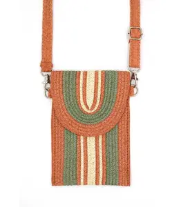 Olive Striped Straw Cellphone Crossbody Bag - Phone Purse