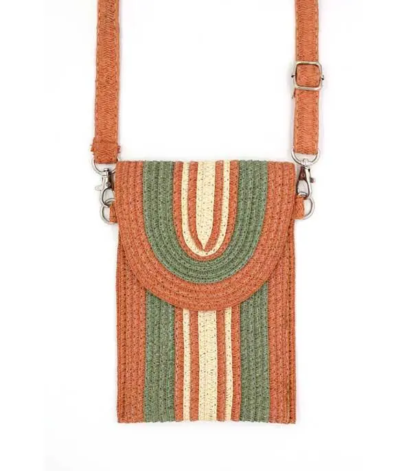 Olive Striped Straw Cellphone Crossbody Bag - Phone Purse