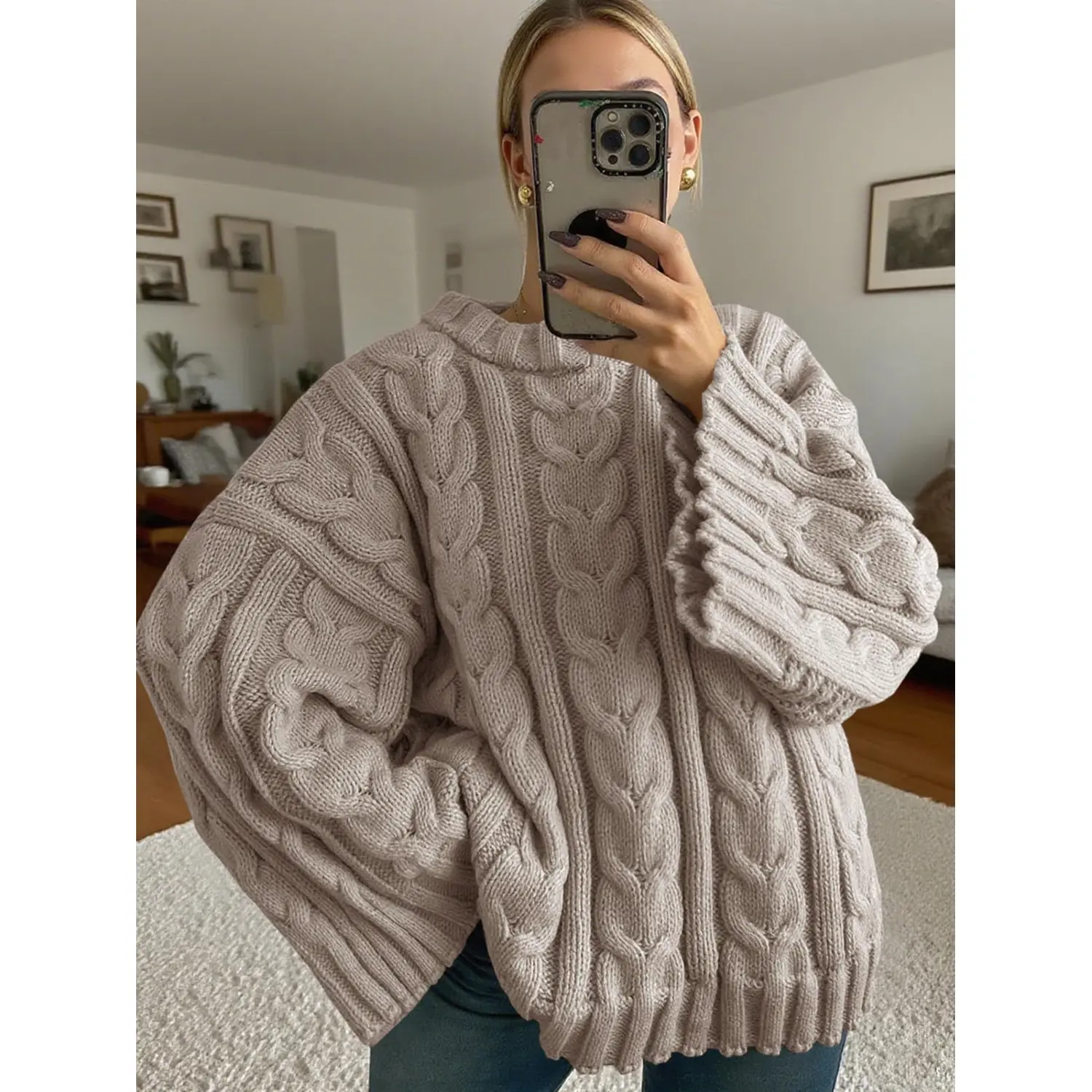 Women's Cute Chunky Solid Oversized Twist Cable-Knitted Pullover Jumper - Round Neck, Bell Batwing Long Sleeves, Loose Knitwear Top for Fall, Winter Dressy Casual Outfits, Chic