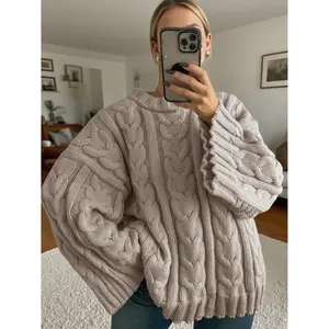 Women's Fashion Chunky Solid Oversized Twist Cable-Knit Pullover Jumper - Round Neck, Bell Batwing Long Sleeves, Loose Knitwear Top for Fall, Winter Dressy Casual Outfits
