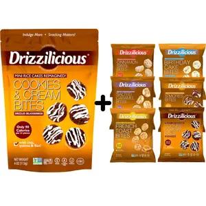 Mini Sized – 0.74 oz Bags – Drizzilicious Cookies & Cream, S’mores, Cinnamon Swirl, Salted Caramel, Birthday Cake & French Toast Bites + Single 4 oz Cookies & Cream Bag – 6-Pack Snack-Size Single-Serve Rice Crisps, Healthy Gluten-Free Vegan Treats