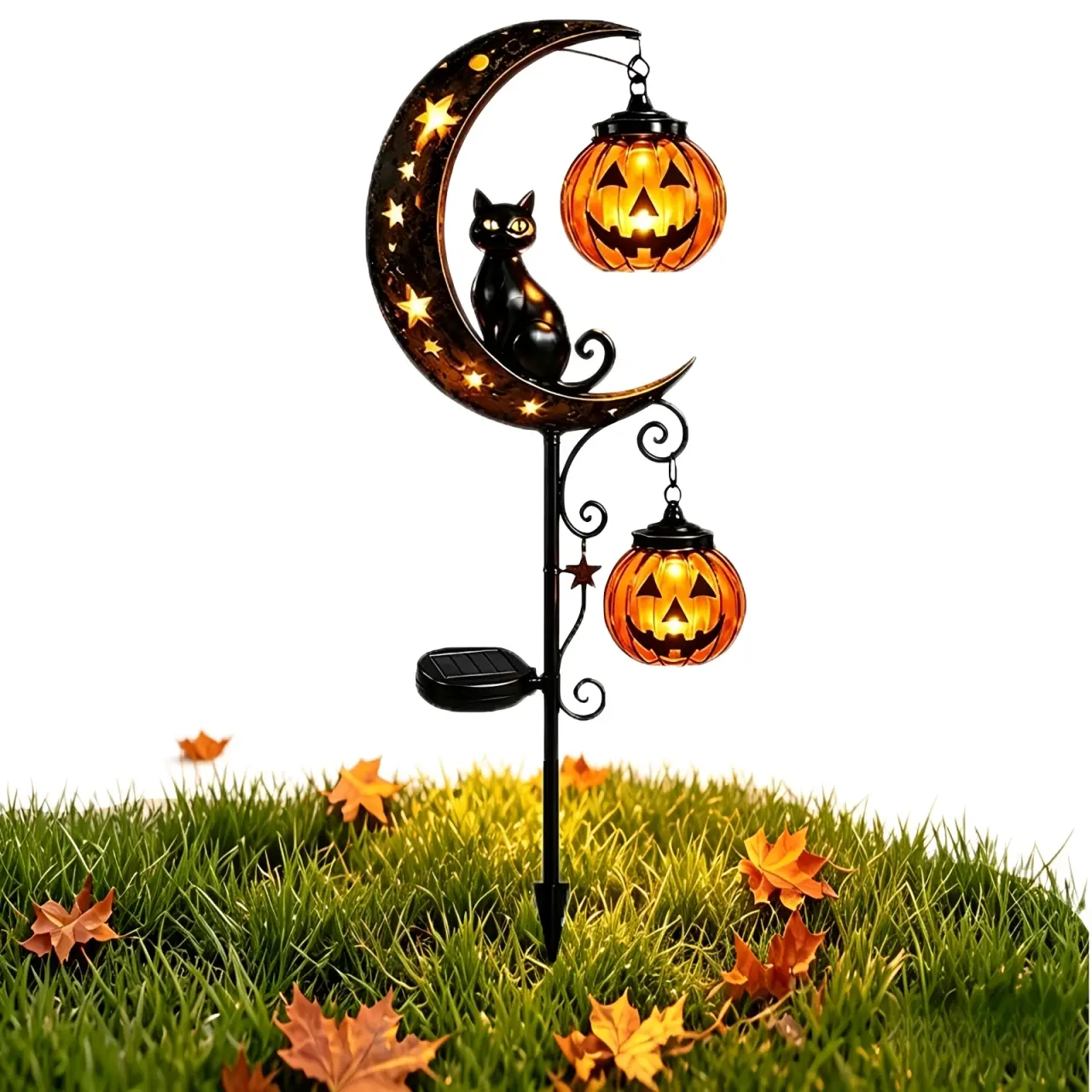 Solar Halloween Garden Stake Light - Black Cat, Pumpkin & Crescent Moon Design, Outdoor Waterproof LED Decoration, Hanging Jack-o'-Lantern Lantern for Garden, Patio