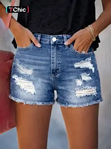 Women's Ripped Denim Shorts, Casual Fashion Pocket Design Short Jeans for Daily Wear, Ladies Bottoms for Summer, Womenswear