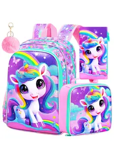 3Pcs Unicorn Backpack for Girls, 16" School Backpacks Set for Elementary Preschool Kindergarten, Kids Bookbag with Lunch Box Rainbow Bag(Pink)