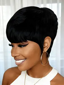 Natural Short Straight Adjustable Human Hair Wig, Machine Made Pixie Cut Wigs for Women, Daily Party Cosplay Gift Use Wig, Blunt Cut Wig, Human Hair Bob
