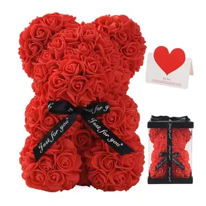 Rose Bear Rose Teddy Bear -10 inch Artificial Rose Flower Bear, Gift for Wedding, Mothers Day and Anniversary, Including Transparent Gift Box(Red), Gift Box Design, Birthday Gift Box