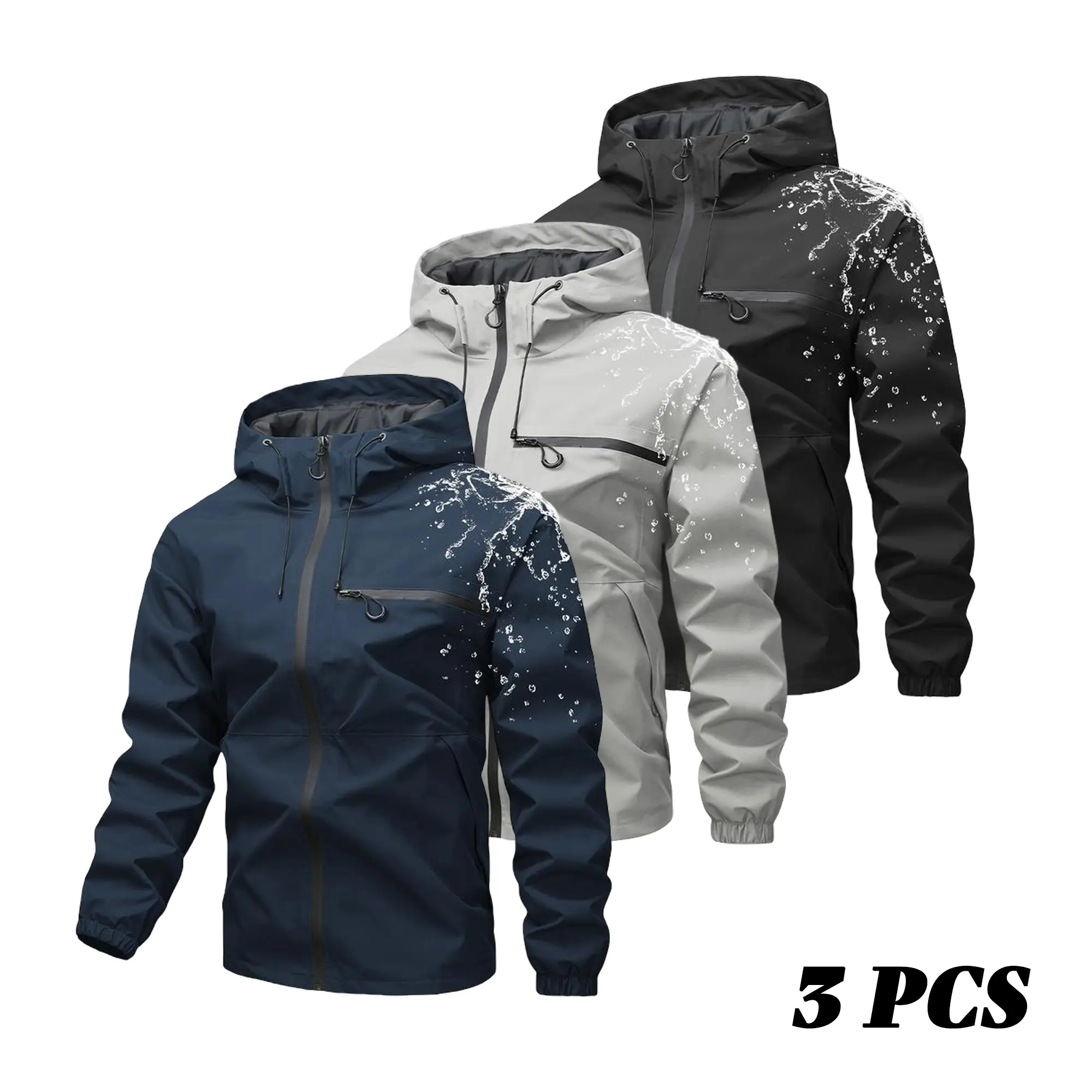 Men’s solid-color waterproof windproof hooded jacket with drawstring and zipper, casual long sleeves with zippered pockets, outdoor activity outerwear for all seasons, menswear