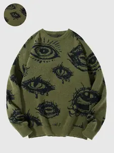 Men's Eye Print Contrast Binding Sweater, Regular Fit Casual Long Sleeve Round Neck Jumper for Fall & Winter, Fashion Men's Knitwear for Daily Wear