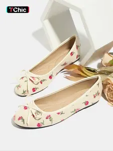 Women's Bowknot Woven Slip-On Ballet Flats, Round Toe Low Heel Embroidered Floral Design, Fashionable Autumn Winter Single Shoes