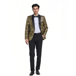 Men's Two-Piece Shawl Lapel Single Button Tuxedo Suit Winter Fabric Slim Fit Premium Dinner Jacket and Matching Trousers-Gold Black