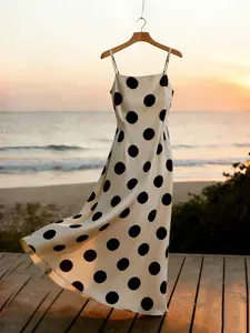 Women's Elegant Polka Dot Sleeveless Long Dress, Adjustable, Apricot Print, Perfect for Weddings, Brunches, Dates, Vacations, Summer Fashion