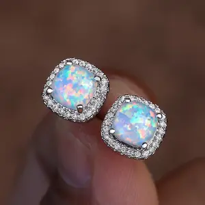 Female Artificial Crystal Stone Earrings Colorful Small Stud Earrings Dainty Square zirconia Opal Wedding Earrings For Women