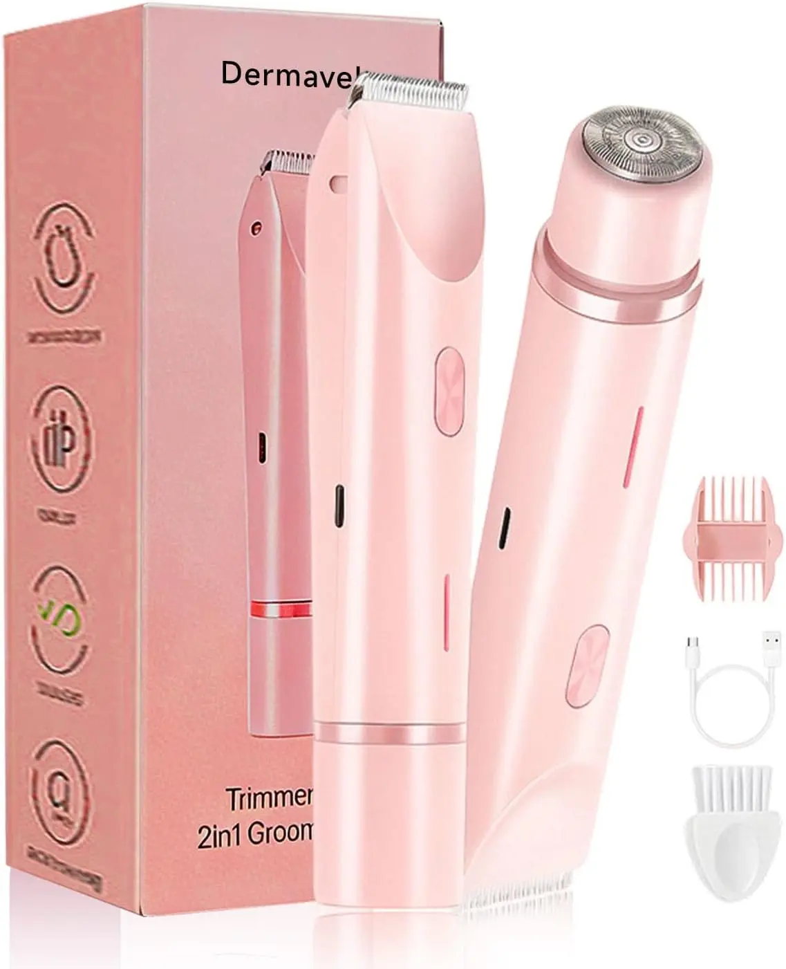 Women's 2-in-1 Cordless Electric Face & Body Trimmer - Dual Heads Rechargeable Wet/Dry Use Shaver for Sensitive Skin, Bikini Hair Removal, Waterproof Portable Mini Handheld Beauty Tool - Blush Pink, Water Proof, Shaver For Women, Daily Shaving Tool