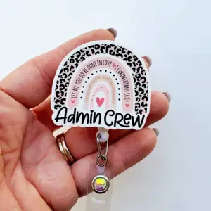 Admin Crew Badge Reel, Cute Rainbow Admin ID Holder, Retractable Office Staff Badge Reel ZNC