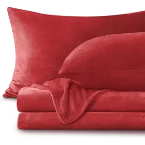 Flannel Sheets Queen Size Red - Soft Fleece Sheets Set Plush, 4 Piece(Include Fitted Sheet, Flat Sheet, 2 Pillowcases)
