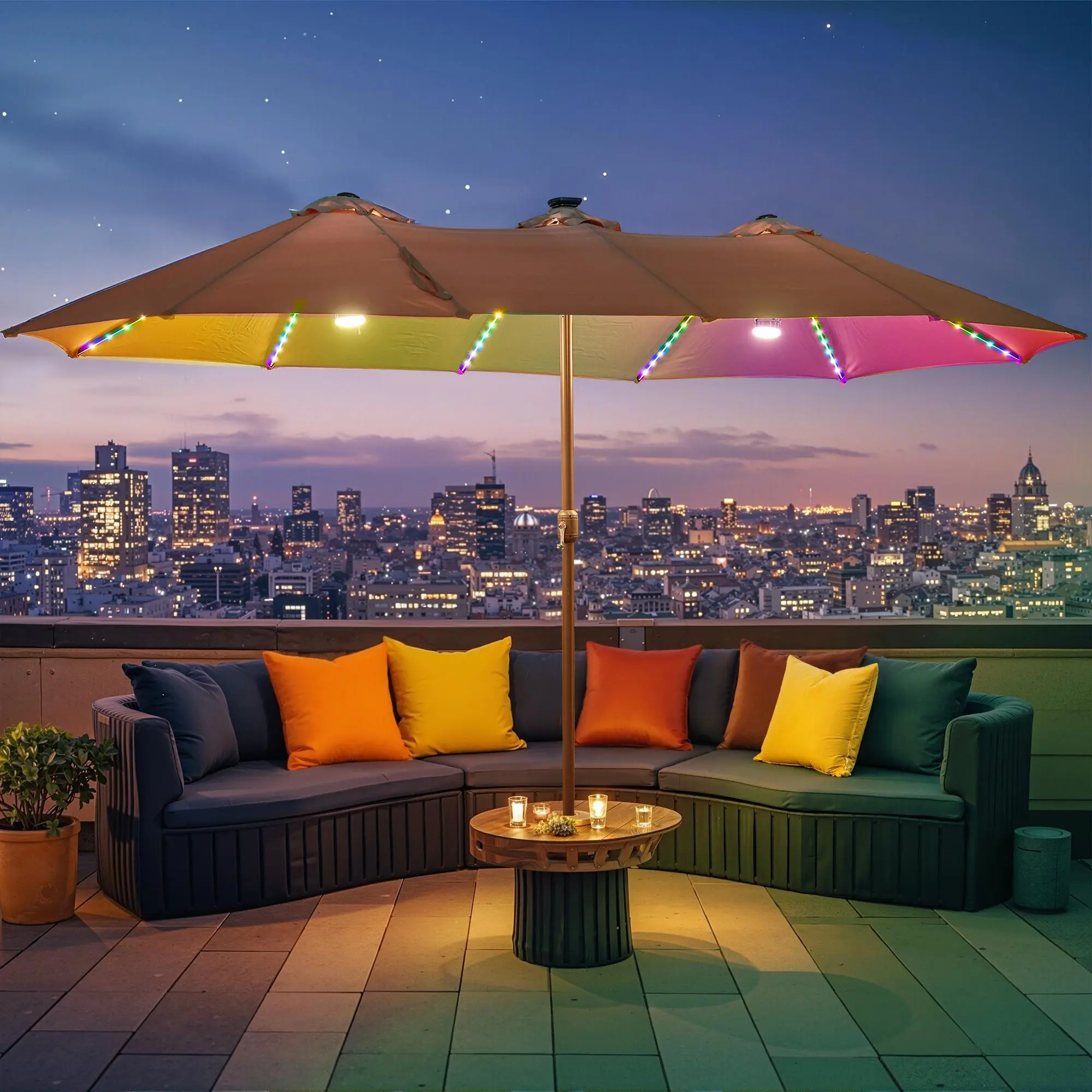 Khaki | RGB Lighted Umbrella with Base